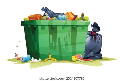 Überlaufender Müllcontainer mit auf dem Boden verstreutem Müll und Müll, einschließlich Fliegen. Vektorgrafik