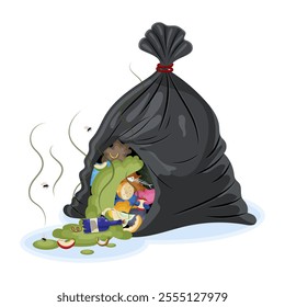 Overflowing garbage bag with waste and flies around it. Vector illustration