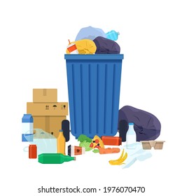 Overflowing garbage bin and various rubbish. Plastic bags, old packaging, bottles, food leftovers and cardboard lie nearby. Vector illustration in flat style 