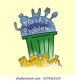 Overflowing green garbage can with single-use plastic waste. Doodle style. Vector illustration outline flat design.