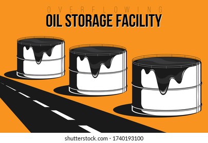 Composición de la instalación de almacenamiento de petróleo desbordante con carretera. Instalaciones industriales Tanques para la ilustración de vectores de petróleo de almacenamiento