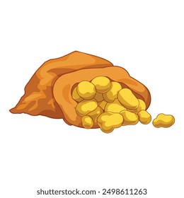 Overflowing open sack spilling golden nuggets on a white background