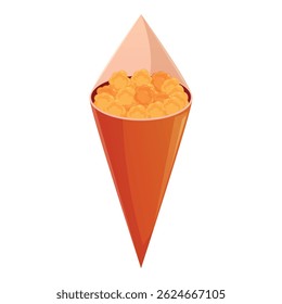 Overflowing paper cone of crunchy caramel popcorn, a classic treat for movie nights or amusement park visits