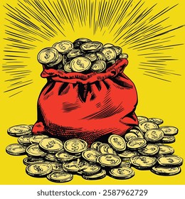 Overflowing sack with coins, radiating light.