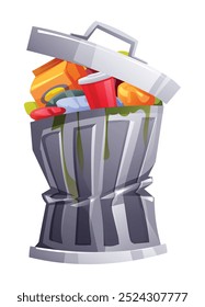 Overflowing trash bin with dents and waste spilling out, showing bottles, food, and cups. Vector cartoon illustration