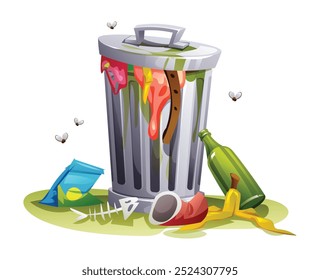 Overflowing trash bin with food, bottles, and litter on the ground, surrounded by flies. Vector cartoon illustration