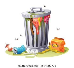 Overflowing trash bin with food waste, packaging, and litter surrounding it, emitting bad odor and flies. Vector cartoon illustration