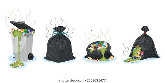 Overflowing trash bin and garbage bags with waste. Vector illustration