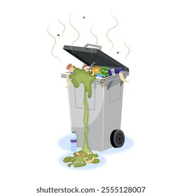 Overflowing trash bin with garbage and flies, white background. Vector illustration