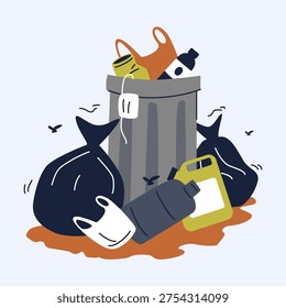 An overflowing trash bin surrounded by garbage bags, plastic containers, and litter, depicting a scene of environmental pollution and waste disposal issues.