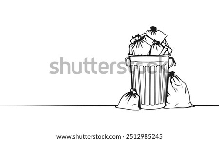 An Overflowing Trash Can Black Sketch Silhouette on White Background. Garbage Problem Concept Linear Vector Illustration Hand Draw Minimal Art Drawing. 