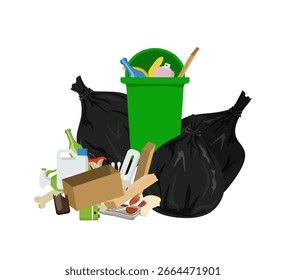 Overflowing trash can filled with garbage bags and scattered waste items illustrating the consequences of poor waste management and highlighting the urgent issue of environmental pollution