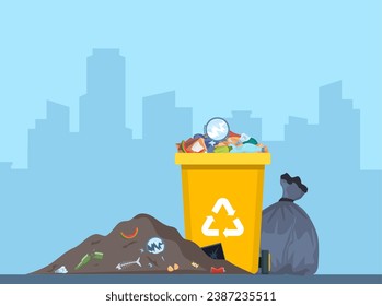 Overflowing trash can. Food garbage in waste bin with nasty smell. Rubbish dump and trash recycling, black bags with trash. City on background. Vector illustration