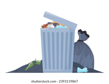 Overflowing trash can. Food garbage in waste bin with nasty smell. Rubbish dump and trash recycling, black bags with trash. Vector illustration