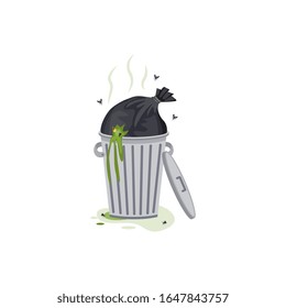 Overflowing trash can with stinky garbage falling off flat cartoon vector illustration isolated on white background. Householding and keeping clean of environment icon.