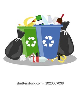 Overflowing trash can. Tank with debris and trash bags. Trash can. Flat design, vector illustration, vector.