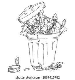 Overflowing trash can. Vector unsorted pile of garbage.