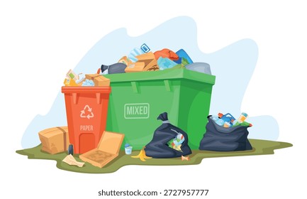 Überlaufender Müllbehälter. Große voll Müllcontainer mit Haufen unsortierten Abfall, Mülleimer Müllbeutel Müllhalde Müllhalde Müllhalde Müll Mülleimer Müll kann Lebensmittel Kunststoff Müll, Cartoon ordentlich Vektorgrafik