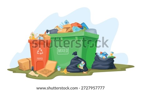 Overflowing trash container. Large full dumpster with heap unsorted waste, trash bin rubbish bag litter dump junk can dustbin food plastic trash, cartoon neat vector illustration