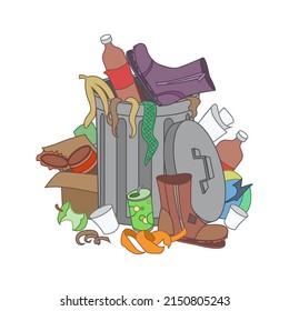 Overflowing trash recycle bin. Waste have been disposed improperly around the dust bin. Garbage can is full of trash. Trash on the ground. Vector Illustration.