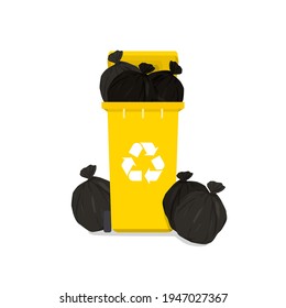 Overflowing Yellow Garbage Bin With Household Waste Isolated On White Background.