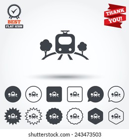 Overground subway sign icon. Metro train symbol. Circle, star, speech bubble and square buttons. Award medal with check mark. Thank you ribbon. Vector