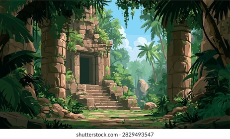 Overgrown Ancient Ruins in Lush Green Jungle