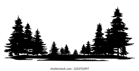 Overgrown patch. Coniferous forest with firs and pines. Landscape with trees and grass. Silhouette picture. Isolated on white background. Vector