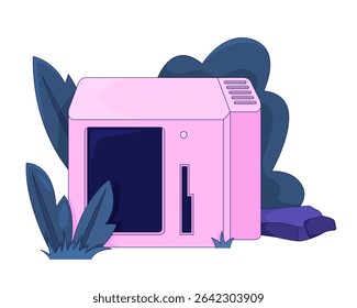 Overgrown pink vintage computer in nature 2D cartoon object. Forgotten technology decay grass. Y2K tech. Electronics nostalgia isolated element flat vector clip art on white. Spot illustration