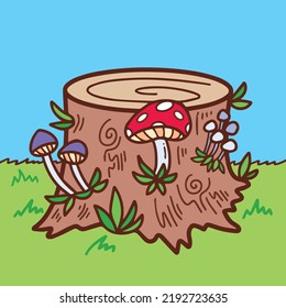 Overgrown stump with mushroom and grass all around it vector illustration on blue sky background with cartoon style drawing. Cute and simple art.