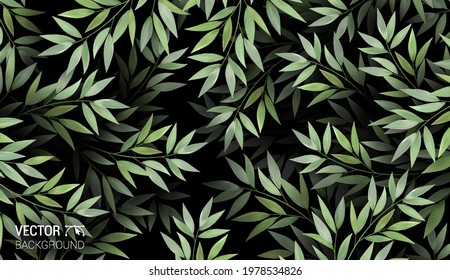 Overgrown tree branches with fresh green leaves. Natural Realistic pattern. Colorful dark background. Trendy repeat fashion print wallpaper or fabric. Abstract Design Element vector.