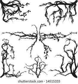 Overgrown wild roots and leaves design elements.