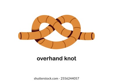 Overhand thumb knot tied with rope. Simple reliable stopper for binding, connection, safety. String, cord, wire with intertwined loops. Flat vector illustration isolated on white background