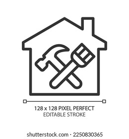 Overhaul pixel perfect linear icon. Building revision and restoration. Renovation service. Hammer and paintbrush. Thin line illustration. Contour symbol. Vector outline drawing. Editable stroke