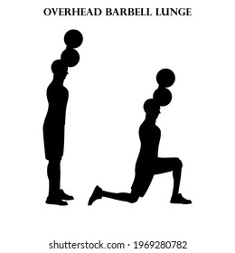 Overhead barbell lunge exercise strength workout vector illustration silhouette on the white background. Vector illustration