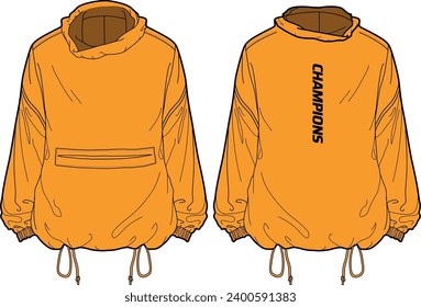 Overhead cagoule Hoodie jacket design flat sketch Illustration, , Hooded windbreaker jacket with front and back view, Windcheater winter jacket for Men and women. for hiker, outerwear in winter