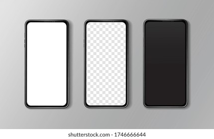 Overhead close-up front view of three black smartphones with white, transparent and black screen for copy space and mock-ups with shadow on gradient gray background