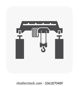 Overhead crane or bridge crane consists of parallel runways with a bridge between column also include hoist lifting and rope.
Machinery for manufacturing, production and transportation. Vector icon.