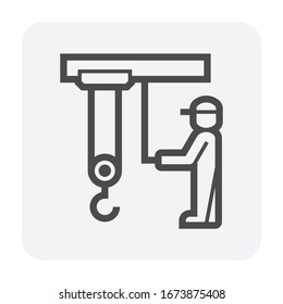 Overhead crane or bridge crane include hoist lifting, rope and remote control. That control by operator or worker. Machinery for manufacturing, production and transportation. Vector icon design.