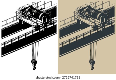 Overhead crane close-up stylized vector illustrations
