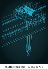 Overhead crane isometric blueprint close-up stylized vector illustration