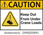 Overhead crane sign. Not stand under overhead crane. Crane warning sign with suspended load. Keep away from suspended loads. Loading cargo. Box attached to hook. Crane sign.