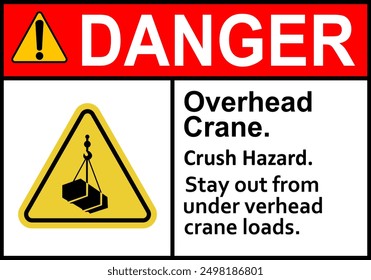 Overhead crane sign. Not stand under overhead crane. Crane warning sign with suspended load. Keep away from suspended loads. Loading cargo. Box attached to hook. Crane sign.