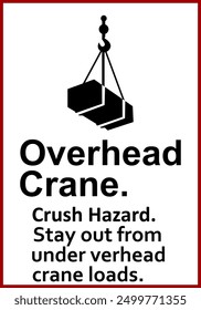 Overhead crane sign. Not stand under overhead crane. Crane warning sign with suspended load. Keep away from suspended loads. Loading cargo. Box attached to hook. Crane sign.