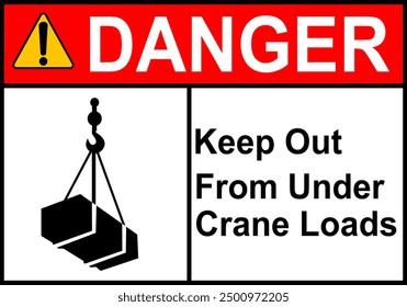 Overhead crane sign. Not stand under overhead crane. Crane warning sign with suspended load. Keep away from suspended loads. Loading cargo. Box attached to hook. Crane sign.