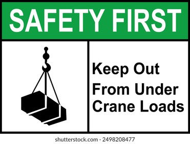 Overhead crane sign. Overhead crane work zones. Not stand under overhead crane. Crane warning sign with suspended load. Keep away from suspended loads. Loading cargo. Box attached to hook.