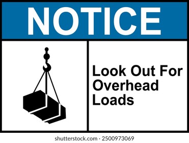 Overhead crane sign. Overhead crane work zones. Not stand under overhead crane. Crane warning sign with suspended load. Keep away from suspended loads. Loading cargo. Box attached to hook.