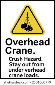 Overhead crane sign. Overhead crane work zones. Not stand under overhead crane. Crane warning sign with suspended load. Keep away from suspended loads. Loading cargo. Box attached to hook.