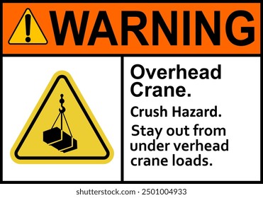 Overhead crane sign. Overhead crane work zones. Not stand under overhead crane. Crane warning sign with suspended load. Keep away from suspended loads. Loading cargo. Box attached to hook.