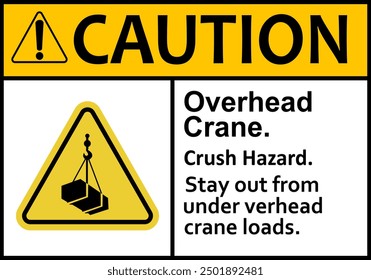 Overhead crane sign. Overhead crane work zones. Not stand under overhead crane. Crane warning sign with suspended load. Keep away from suspended loads. Loading cargo. Box attached to hook.